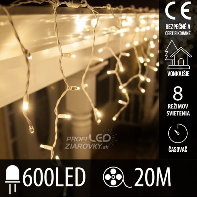 Svetelný záves vonkajší 20 m, 600 LED, teplá biela, 8 programov, časovač, biely kábel
