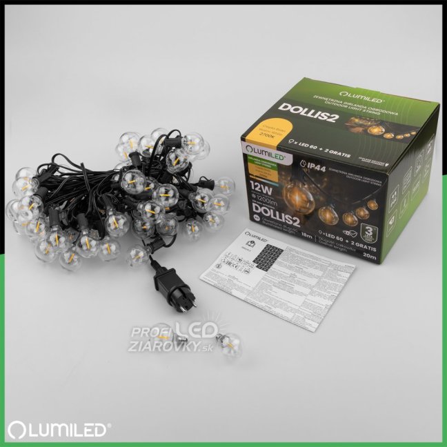 Záhradná svetelná reťaz Girland 20m 60x LED + 2 žiarovky 12W Warm 2700K DOLLIS2 LUMILED