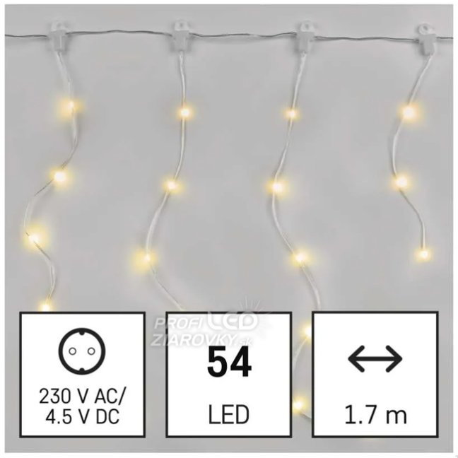 Svetelný záves s cencúľmi vonkajší aj vnútorný 1,7 m, 54 LED, teplá biela, svetelné programy