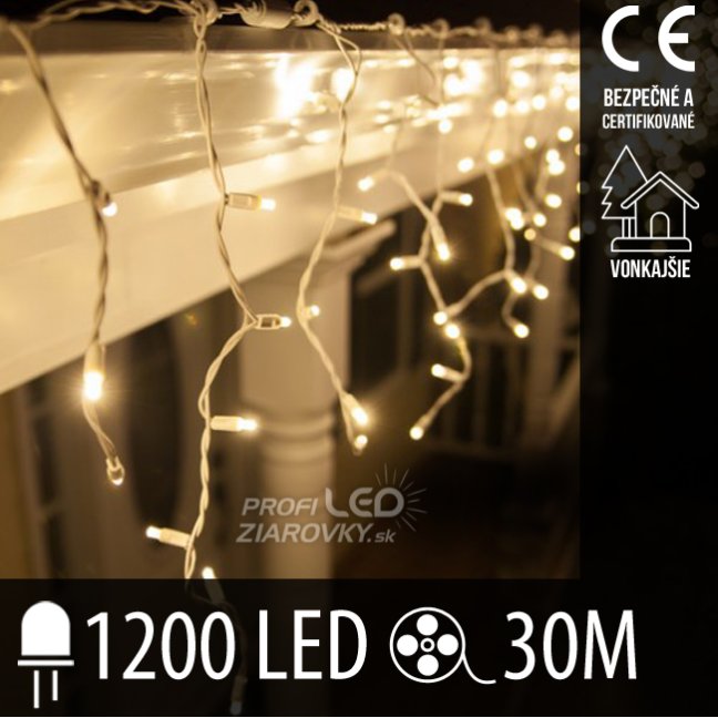 Svetelný záves vonkajší 30 m, 1200 LED, teplá biela, biely kábel – sada 3 ks