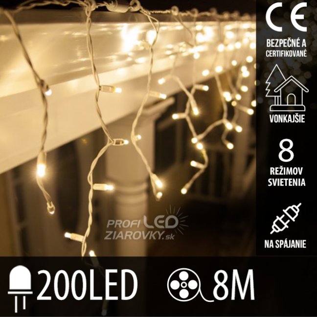 Svetelný záves vonkajší 8 m, 200 LED, teplá biela, 8 programov