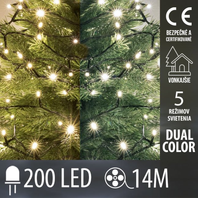 Vianočná led svetelná reťaz vonkajšia DUAL COLOR - 2v1 - programy - 200led - 14m - teplá biela/studená biela