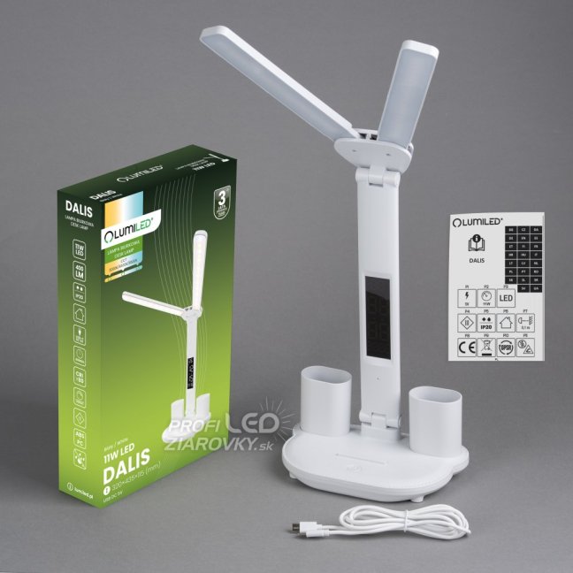 Lampa stolová LED dvojitá s displejom DALIS 11W 400lm biela LUMILED