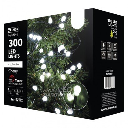 Svetelná reťaz cherry s guľkami vonkajšia 30 m, 300 LED, studená biela