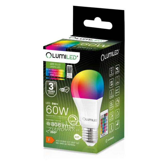 LED žiarovka E27 A60 9W = 60W 806lm 3000K + RGB Multicolour 260° Stmievateľná Pilot LUMILED