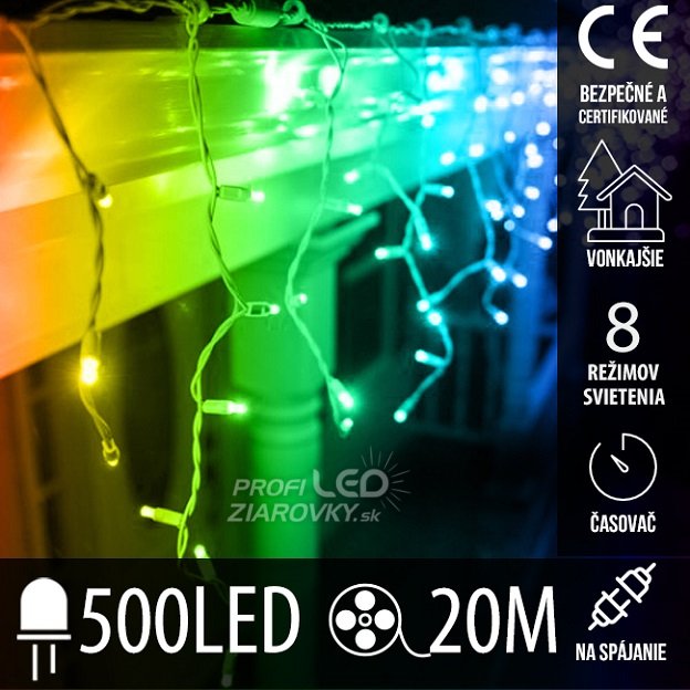Svetelný záves vonkajší 20 m, 500 LED, farebná, na spájanie, časovač, 8 programov