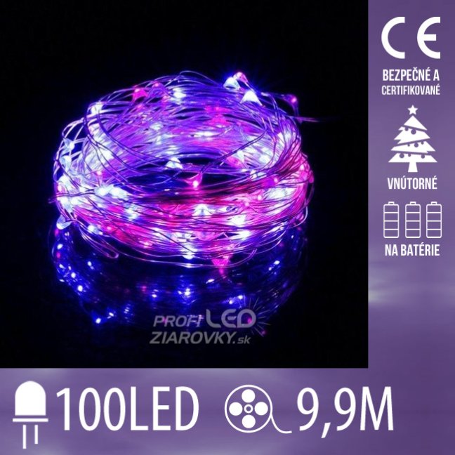Svetelná mikro reťaz vnútorná na batérie 9,9 m, 100 LED, modrá a ružová