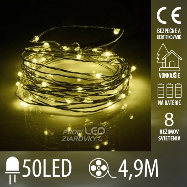 Svetelná mikro reťaz vonkajšia na batérie 4,9 m, 50 LED, teplá biela, 8 programov