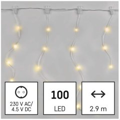 Svetelný záves s cencúľmi vonkajší aj vnútorný 2,9 m, 100 LED, teplá biela, svetelné programy