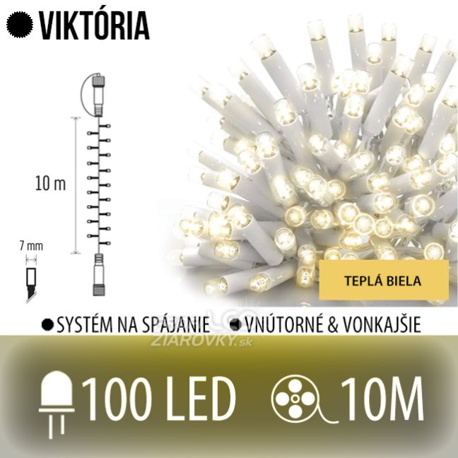 Svetelná reťaz vonkajšia 10 m, 100 LED, teplá biela, na spájanie, biely kábel – Viktória