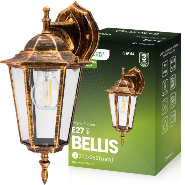 Vonkajšie fasádne nástenné svietidlo E27 LATARNIA DOWN DOWN Patina BELLIS LUMILED