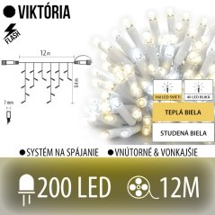 Viktória led svetelná záclona vonkajšia flash - 200led - 12m teplá biela / flash prebliknutie studená biela - biely kábel