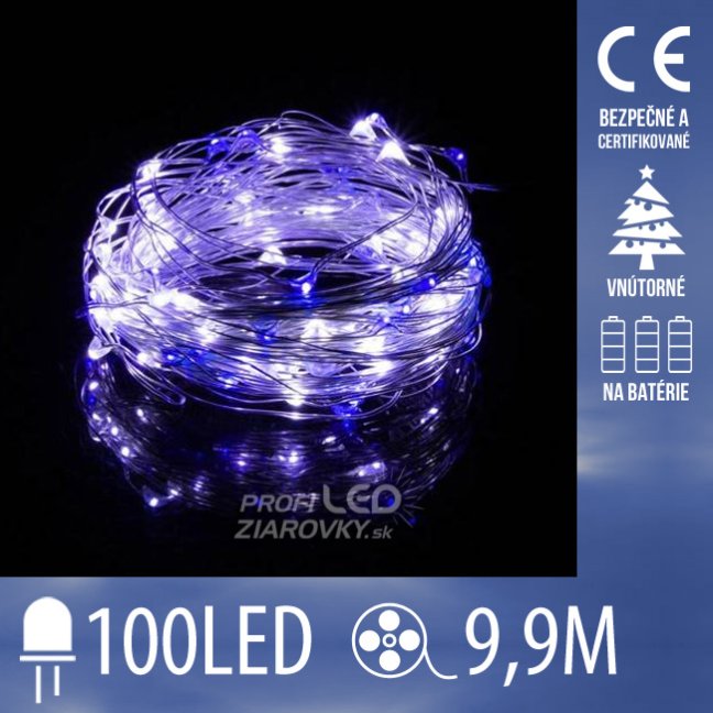 Svetelná mikro reťaz vnútorná na batérie 9,9 m, 100 LED, studená biela a modrá