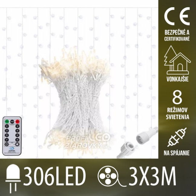 Svetelný záves vonkajší 3 × 3 m, 306 LED, teplá biela, 8 programov