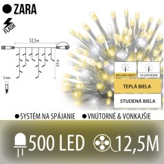 Zara led svetelná záclona vonkajšia flash - 500led - 12,5m teplá biela/flash prebliknutie studená biela - transparentný kábel