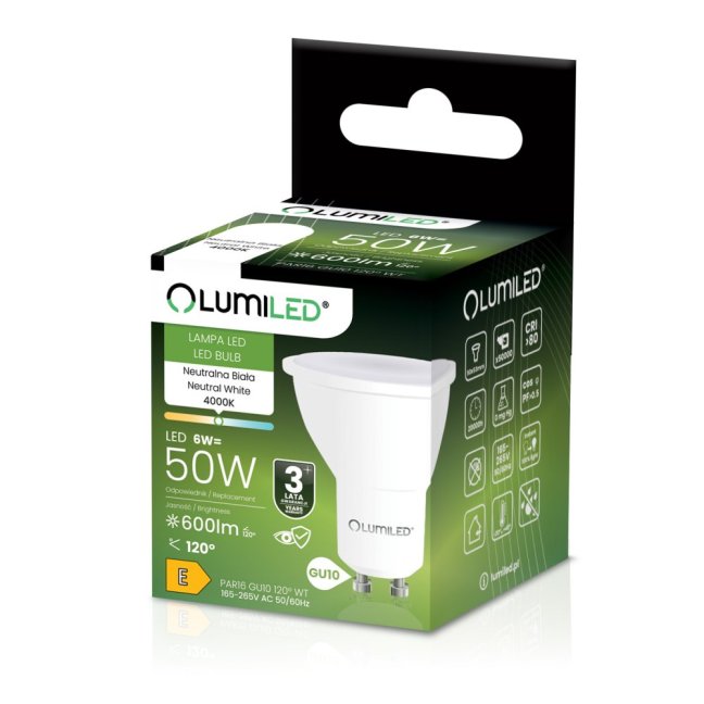 LED žiarovka GU10 reflektor PAR16 6W = 50W 600lm 4000K neutrálna 120° LUMILED