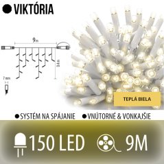 Svetelný záves vonkajší 9 m, 150 LED, teplá biela, biely kábel – Viktória