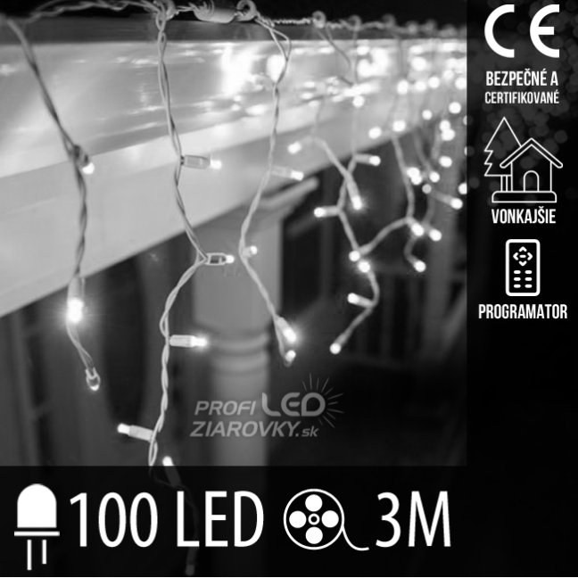 Svetelný záves vonkajší 3 m, 100 LED, studená biela, 8 programov
