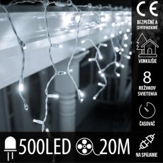 Svetelný záves s cencúľmi vonkajší 20 m, 500 LED, studená biela, 8 programov, časovač, ovládač, na spájanie