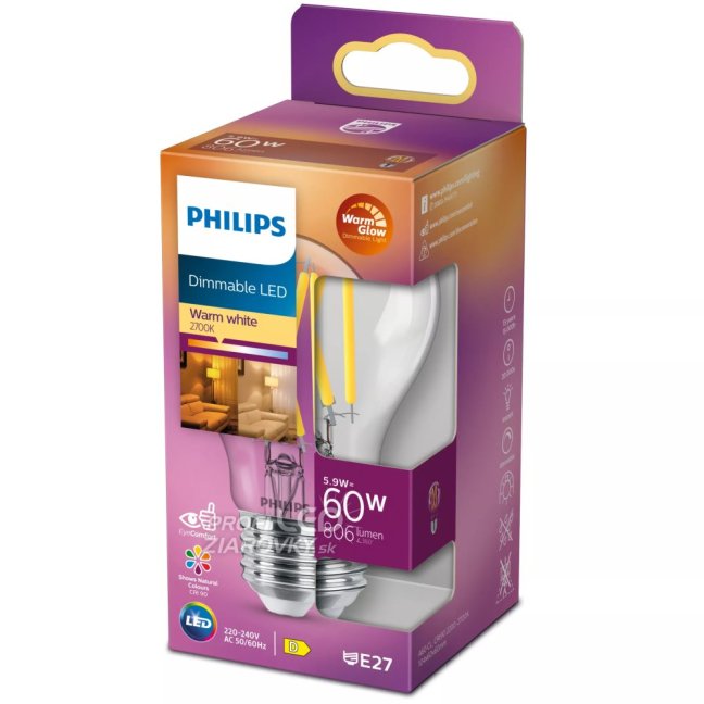 LED žiarovka E27 A60 5,9W = 60W 806lm 2700 Warm Filament PHILIPS Stmievateľná