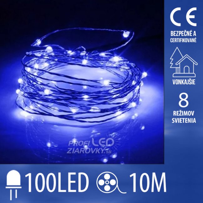 Svetelná mikro reťaz vonkajšia 10 m, 100 LED, modrá, 8 programov