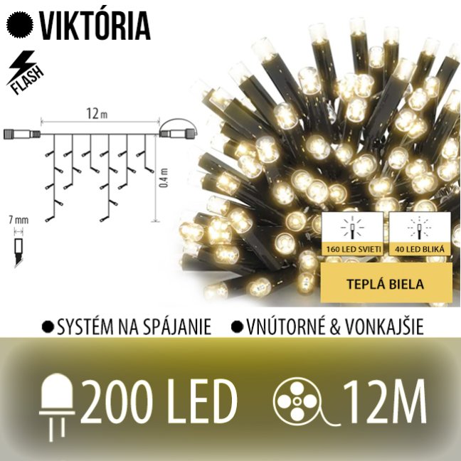 Viktória led svetelná záclona vonkajšia flash - 200led - 12m teplá biela / flash prebliknutie teplá biela