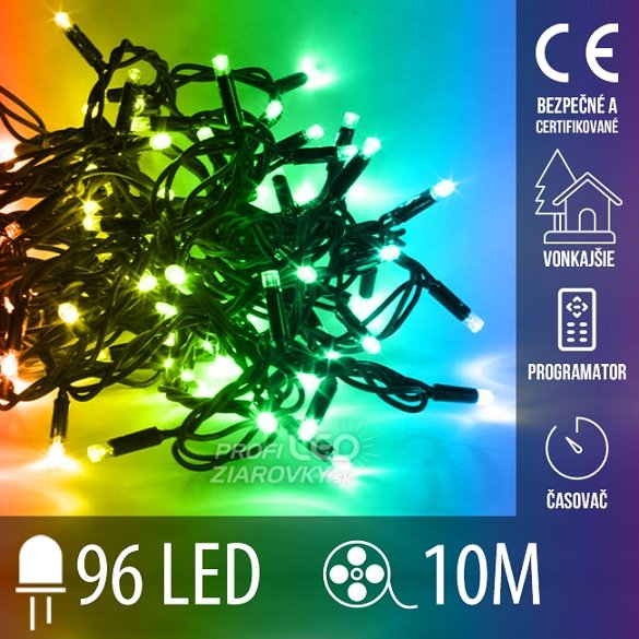 Svetelná reťaz vonkajšia aj vnútorná 10 m, 96 LED, RGB farebná, svetelné programy