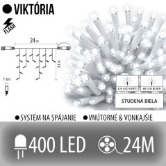 Viktória led svetelná záclona vonkajšia flash - 400led - 24m studená biela / flash prebliknutie studená biela - biely kábel