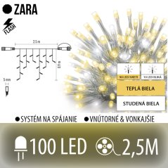 Zara spojovateľná led svetelná záclona vonkajšia flash - 100led - 2,5m teplá biela/flash prebliknutie studená biela - transparentný kábel