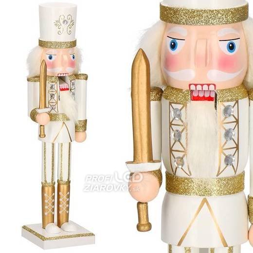 Drevená figúrka Luskáčik s mečom - 38cm - zlatá/smotanová