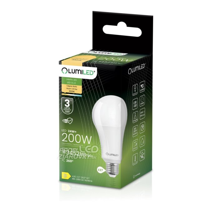 LED žiarovka E27 A80 24W = 200W 3452lm 3000K Warm 260° CCD LUMILED