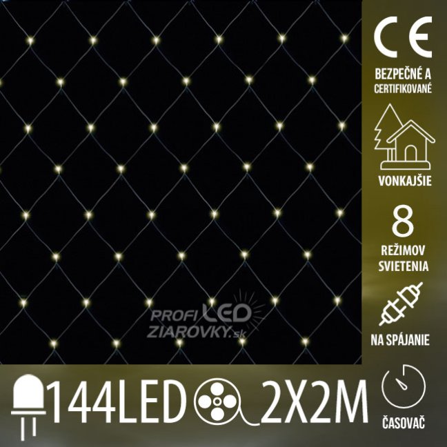 Svetelná sieť vonkajšia 2 × 2 m, 144 LED, teplá biela, 8 programov