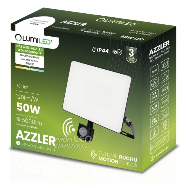 LED reflektor AZZLER 50W 6000lm 4000K IP44 Halogénová vonkajšia lampa so senzorom pohybu čierna LUMILED