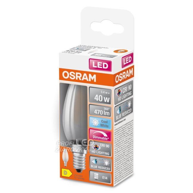 LED žiarovka E14 B35 3,4W = 40W 470lm 4000K Neutrálne 300° CRI90 Vlákno OSRAM SUPERSTAR+ Stmievateľné