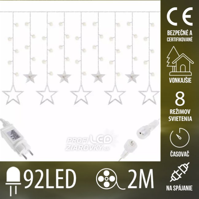 Svetelný záves s hviezdami vonkajší 2 m, 92 LED, teplá biela, 8 programov