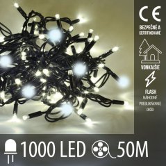 Svetelná reťaz vonkajšia 50 m, 1000 LED, teplá biela, flash studená biela