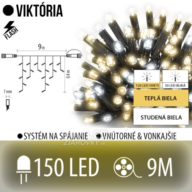 Svetelný záves vonkajší 9 m, 150 LED, teplá biela, flash studená biela – Viktória