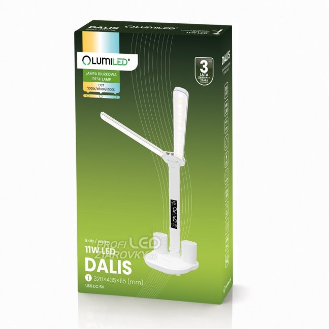 Lampa stolová LED dvojitá s displejom DALIS 11W 400lm biela LUMILED