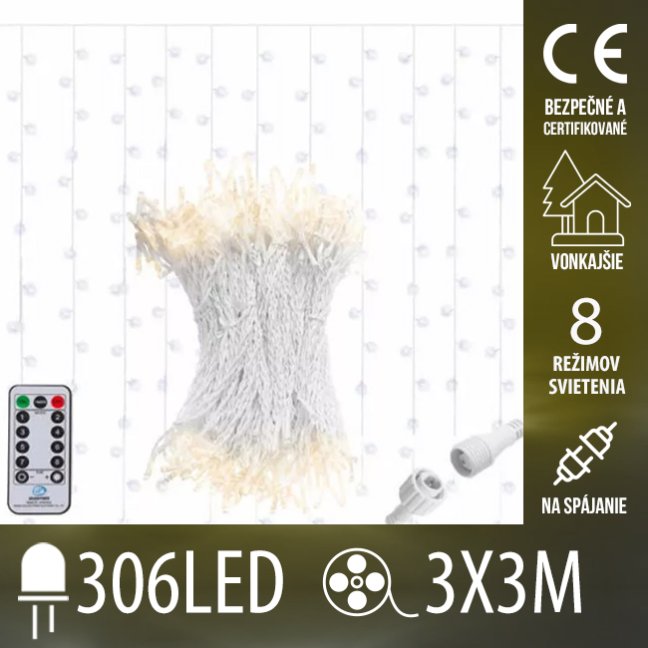 Vianočná led svetelná záclona na spájanie vonkajšia - záves - programy - 306led - 3x3m teplá biela