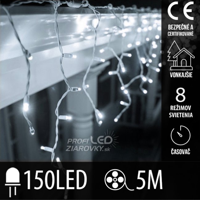Svetelný záves vonkajší 5 m, 150 LED, studená biela, 8 programov
