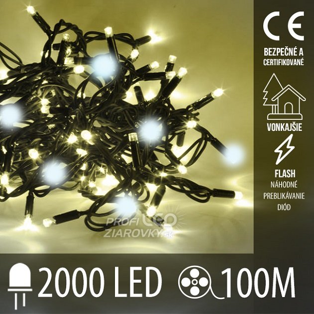 Svetelná reťaz vonkajšia 100 m, 2000 LED, teplá biela, flash studená biela