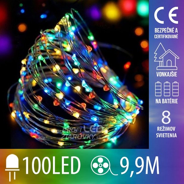 Svetelná mikro reťaz vonkajšia na batérie 9,9 m, 100 LED, farebná, 8 programov