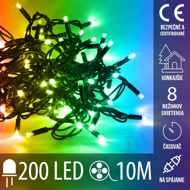 Vianočná led svetelná reťaz vonkajšia na spájanie s časovačom + programy + diaľkový ovládač - 200led - 10m multicolour