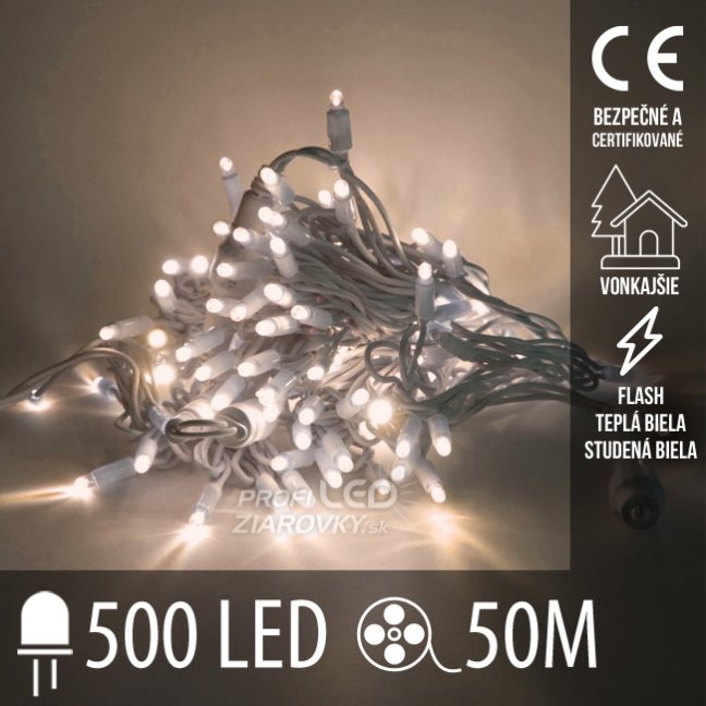 Svetelná reťaz vonkajšia 50 m, 500 LED, teplá biela, flash studená biela