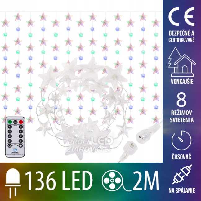 Svetelný záves s hviezdami vonkajší 2 m, 136 LED, farebná, 8 programov