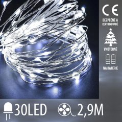 Vianočná led svetelná mikro reťaz vnútorná na batérie - 30led - 2,9m studená biela