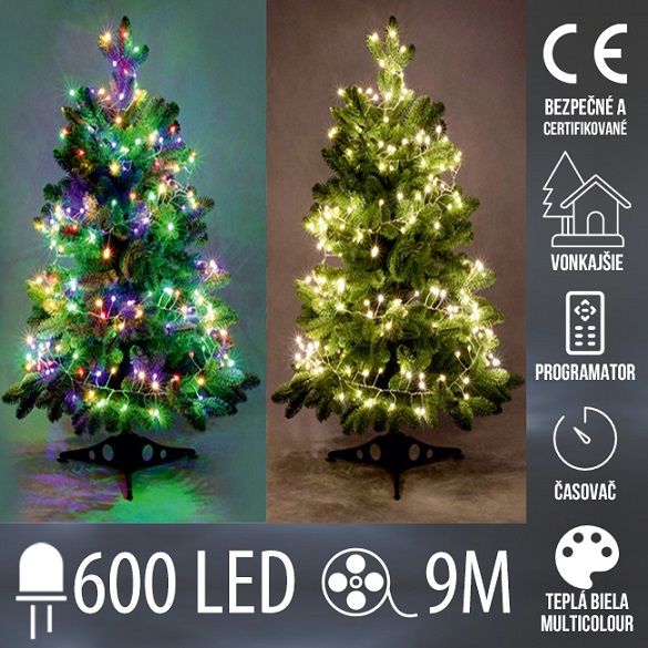 Vianočná led svetelná mikro reťaz cluster vonkajšia s časovačom + programator - 600led - 9m multicolour+teplá biela