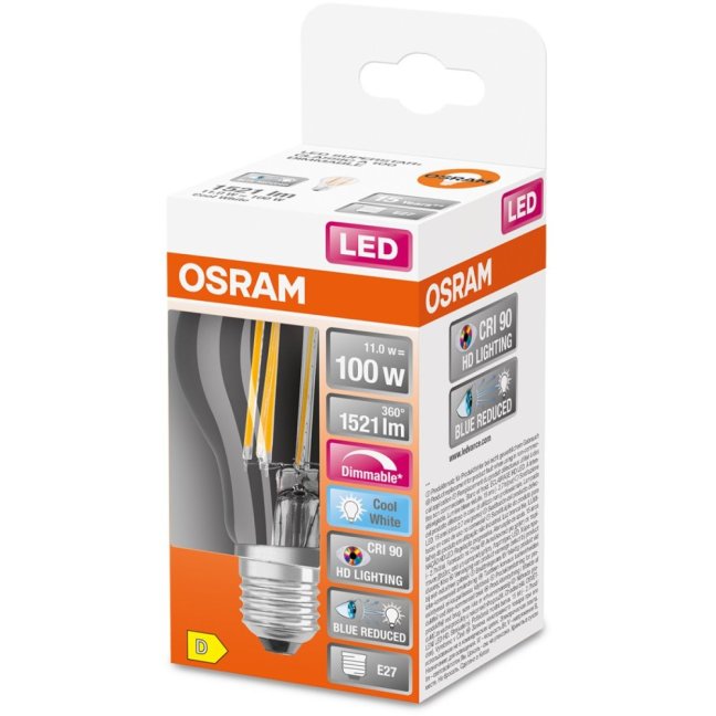 LED žiarovka E27 A60 11W = 100W 1521lm 4000K Neutrálne 300° CRI90 Stmievateľné vlákno OSRAM SUPER STAR+