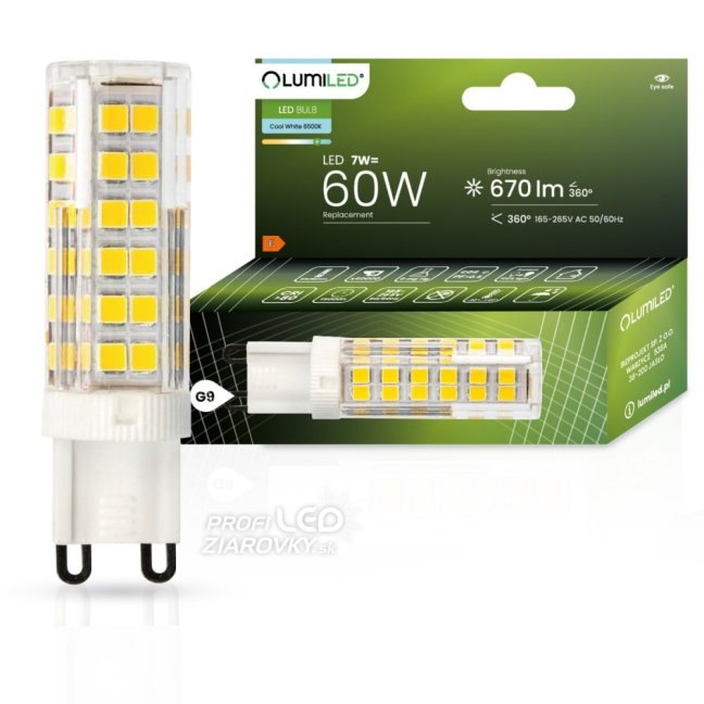 LED žiarovka G9 s päticou 7W = 60W 670lm 6500K Cold 360° LUMILED
