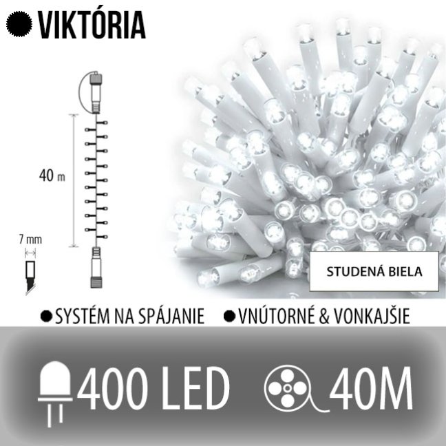 Viktória led svetelná reťaz vonkajšia - 400led - 40m studená biela - biely kábel